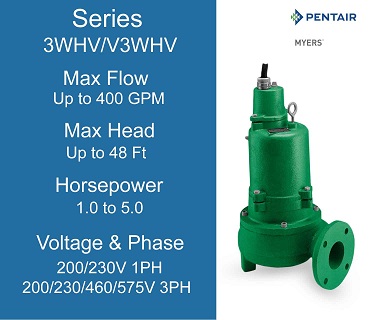 Myers Sewage Pumps, 3WHV/V3WHV Series, 1.0 to 5.0 Horsepower, 200/230 Volts 1 Phase, 200/230/460/575 Volts 3 Phase